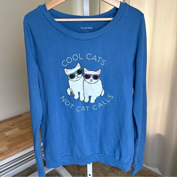 Modcloth Size M Blue Cool Cats Not Cat Calls Long Sleeve Sweatshirt - Picture 2 of 8